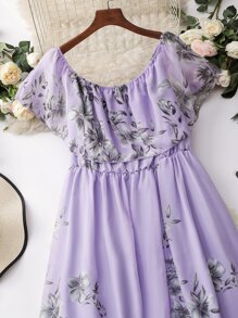 Mulvari Vestido con estampado floral ribete con fruncido de gasa - Lila Púrpura - Ver 2