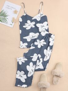 Floral Print Cami Pyjama Set - Multicolor - View 1