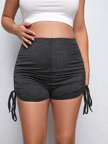 SHEIN Quần Leggings Bà bầu Nút Dây kéo Xù màu trơn Giải trí - Màu xám đen - Xem 5