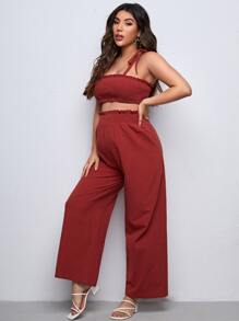 SHEIN Bộ đồ hai mảnh Bà bầu viền lá sen Thắt nút Dải chun màu trơn Giải trí - Màu Đỏ Sâu - Xem 1