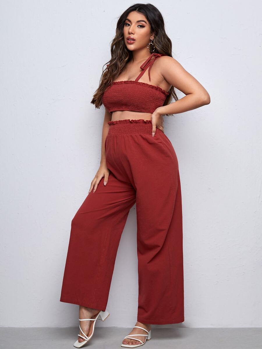 SHEIN Bộ đồ hai mảnh Bà bầu viền lá sen Thắt nút Dải chun màu trơn Giải trí - Màu Đỏ Sâu - Xem 1