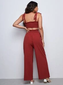 SHEIN Bộ đồ hai mảnh Bà bầu viền lá sen Thắt nút Dải chun màu trơn Giải trí - Màu Đỏ Sâu - Xem 2