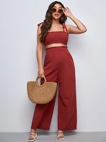 SHEIN Bộ đồ hai mảnh Bà bầu viền lá sen Thắt nút Dải chun màu trơn Giải trí - Màu Đỏ Sâu - Xem 4