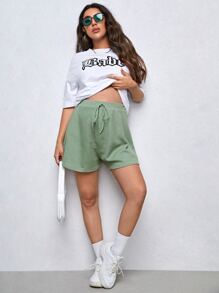 SHEIN Maternity Knot Front Wide Leg Shorts - Mint Green - View 4