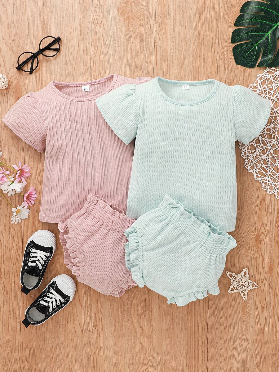 Baby 2sets Puff Sleeve Tee & Paperbag Waist Shorts - Multicolor - View 1
