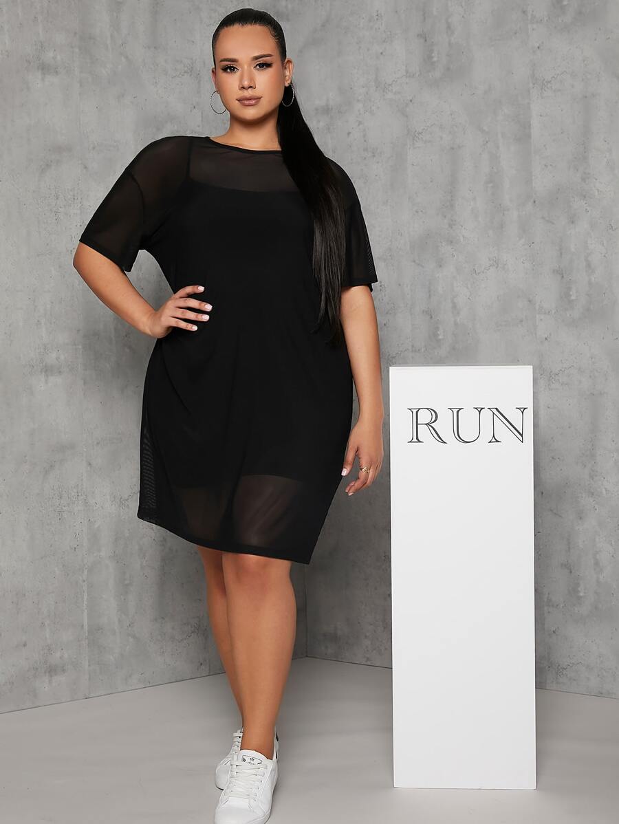 SHEIN Essnce Plus Drop Shoulder Mesh Dress Without Camisole - Black - View 1