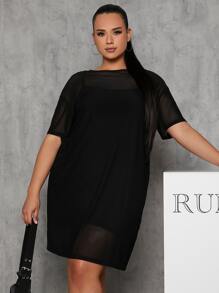 SHEIN Essnce Plus Drop Shoulder Mesh Dress Without Camisole - Black - View 3
