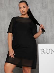 SHEIN Essnce Plus Drop Shoulder Mesh Dress Without Camisole - Black - View 5