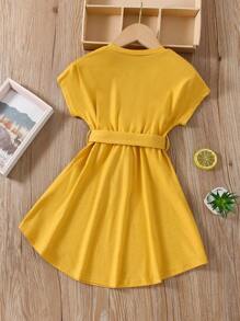 SHEIN Đầm bé gái Thắt lưng Nút màu trơn Giải trí - Màu vàng - Xem 2