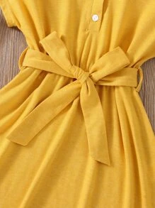 SHEIN Đầm bé gái Thắt lưng Nút màu trơn Giải trí - Màu vàng - Xem 3