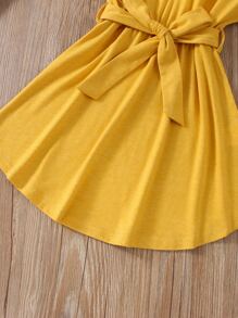 SHEIN Đầm bé gái Thắt lưng Nút màu trơn Giải trí - Màu vàng - Xem 4