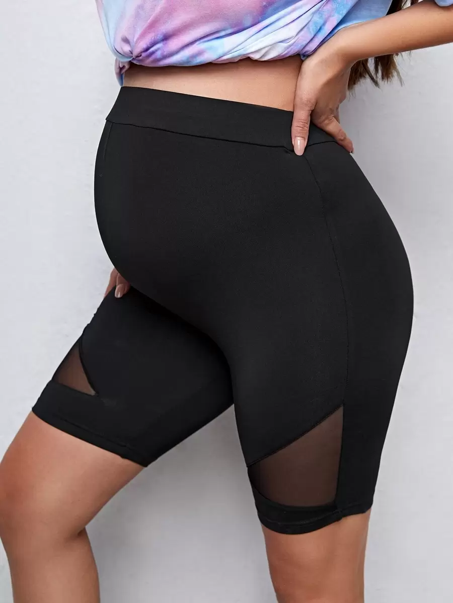 SHEIN Maternity Mesh Insert Biker Shorts - Black - View 1