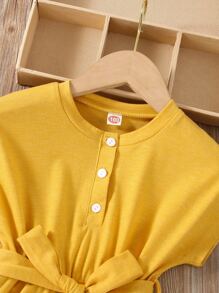 SHEIN Đầm bé gái Thắt lưng Nút màu trơn Giải trí - Màu vàng - Xem 6