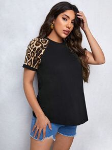 SHEIN Maternity Contrast Leopard Raglan Sleeve Tee - Black - View 3