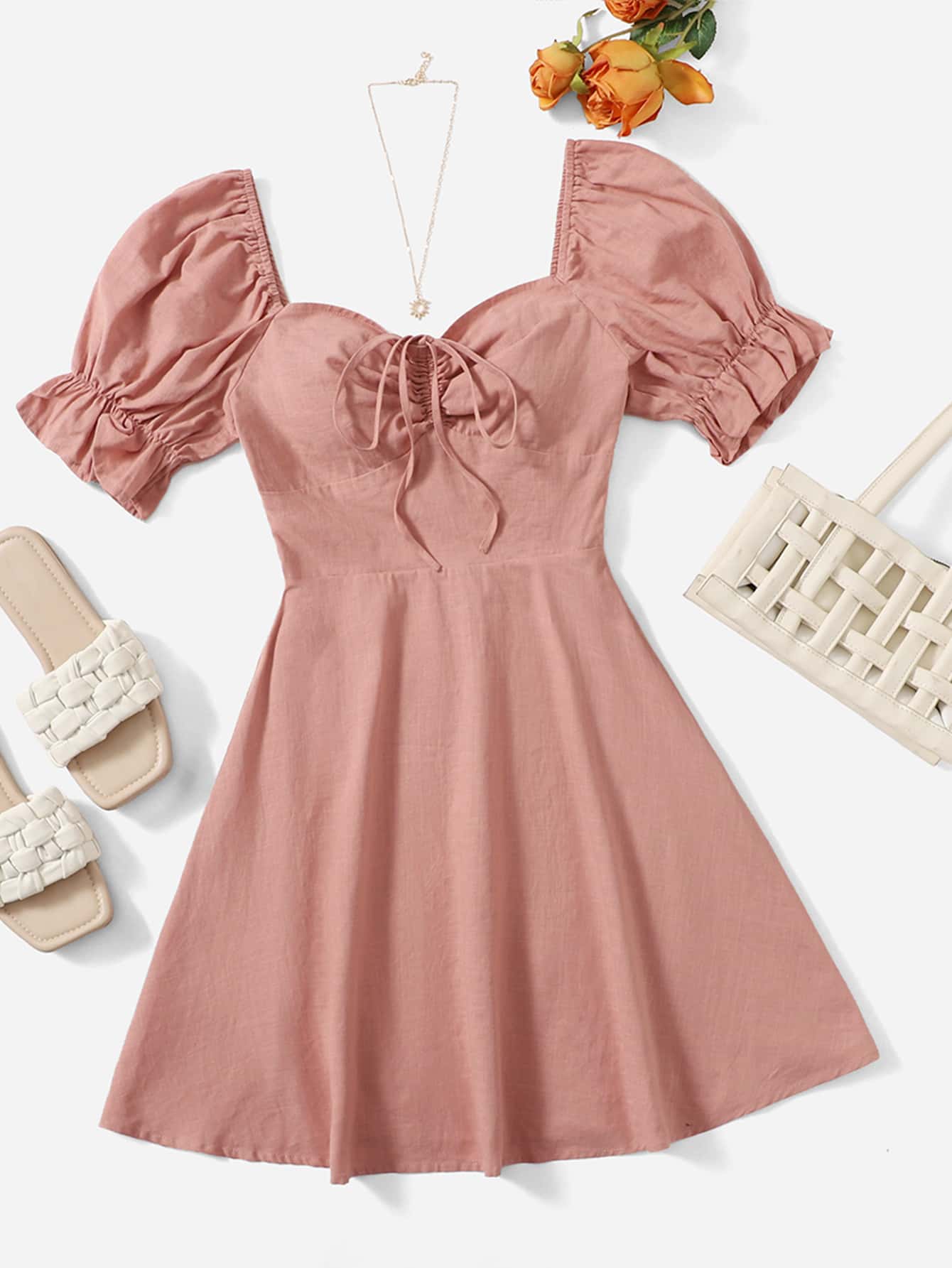 SHEIN MOD Drawstring Knot Front Dress - Dusty Pink - View 1