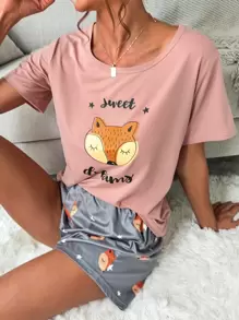 Conjunto de pijama con gráfico de zorro de dibujos animados y letra - Rosa vieja - Ver 1