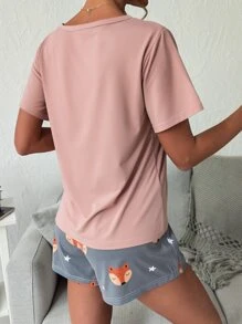 Conjunto de pijama con gráfico de zorro de dibujos animados y letra - Rosa vieja - Ver 2
