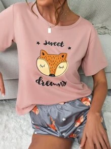 Conjunto de pijama con gráfico de zorro de dibujos animados y letra - Rosa vieja - Ver 3