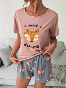 Conjunto de pijama con gráfico de zorro de dibujos animados y letra - Rosa vieja - Ver 5