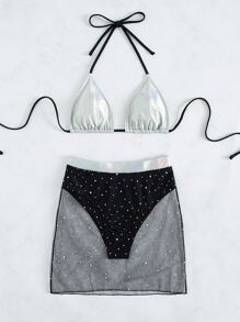 Bộ bikini hở lưng kim loại và đáy lưới sequin cho kỳ nghỉ hè ở bãi biển - Nhiều màu - Xem 7