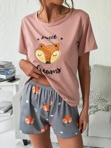 Conjunto de pijama con gráfico de zorro de dibujos animados y letra - Rosa vieja - Ver 6