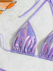 Kim loại Bộ Bikini Dây Tam giác Bras Áo & Cà vạt Đáy bikini & Váy đi biển 3 mảnh Bộ đồ tắm - Màu Lilac Tím - Xem 4