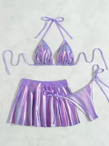 Kim loại Bộ Bikini Dây Tam giác Bras Áo & Cà vạt Đáy bikini & Váy đi biển 3 mảnh Bộ đồ tắm - Màu Lilac Tím - Xem 5