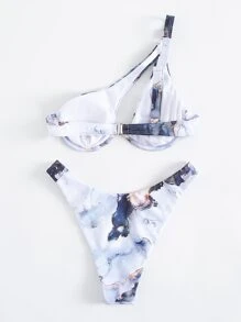 SHEIN Swim Summer Beach Marble Print Bikini Set Cut Out Push Up Bra Top & High Cut Bikini Bottom 2 Piece Bathing Suit - Multicolor - View 2