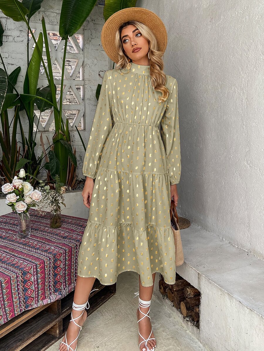 Gold Dot Print Mock Neck Ruffle Hem Dress - Khaki - View 1