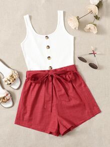 SHEIN Frenchy Áo liền quần nữ Thắt lưng Gân đan Nút phía trước Khối Màu Giải trí - Nhiều màu - Xem 1