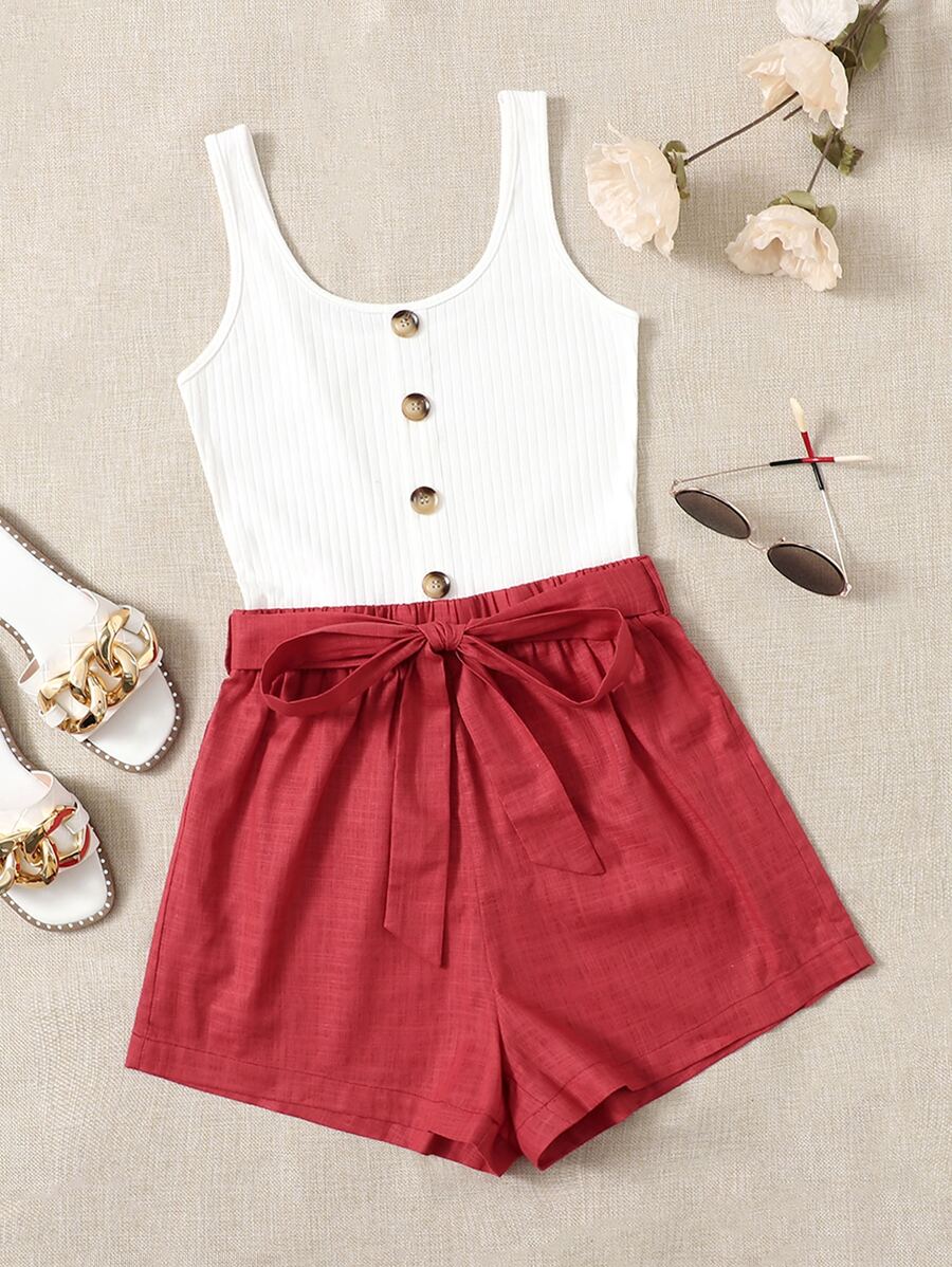 SHEIN Frenchy Áo liền quần nữ Thắt lưng Gân đan Nút phía trước Khối Màu Giải trí - Nhiều màu - Xem 1