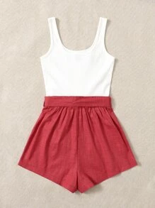 SHEIN Frenchy Áo liền quần nữ Thắt lưng Gân đan Nút phía trước Khối Màu Giải trí - Nhiều màu - Xem 2