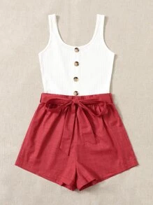 SHEIN Frenchy Áo liền quần nữ Thắt lưng Gân đan Nút phía trước Khối Màu Giải trí - Nhiều màu - Xem 3