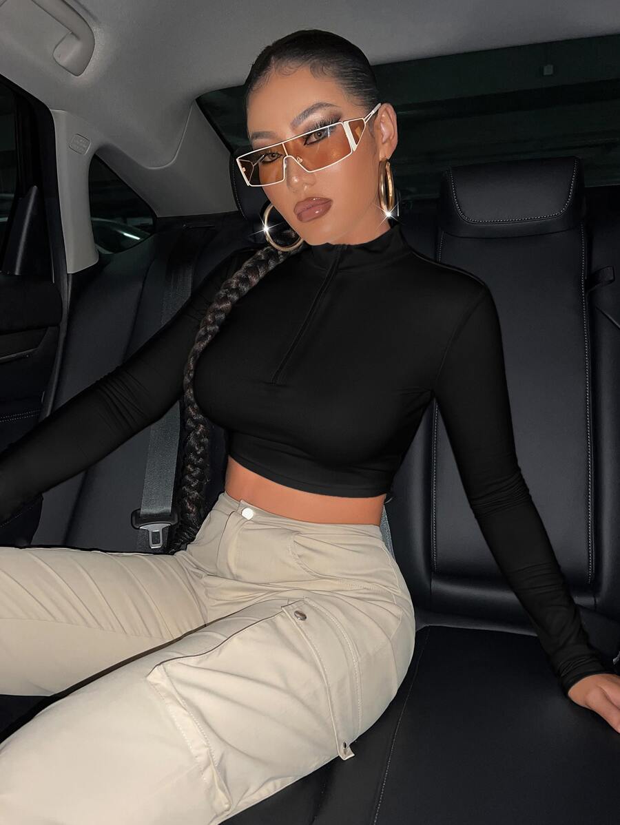 SHEIN SXY Spring And Summer Turtleneck Half-Zip Short Black Long-Sleeved Casual Tight T-Shirt - Black - View 1