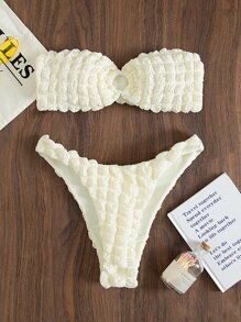 Ring Linked Bandeau Bikini, For Summer Beach Vacation - Beige - View 6