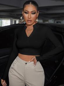 SHEIN SXY Spring And Summer Turtleneck Half-Zip Short Black Long-Sleeved Casual Tight T-Shirt - Black - View 4