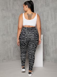 SHEIN Coolane Plus Allover Letter Graphic Leggings - Black and White - View 2