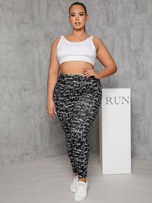 SHEIN Coolane Plus Allover Letter Graphic Leggings - Black and White - View 3
