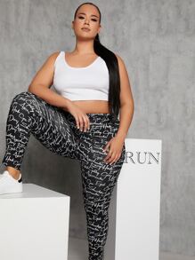 SHEIN Coolane Plus Allover Letter Graphic Leggings - Black and White - View 4