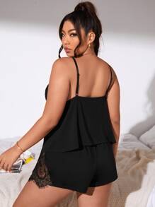 Conjunto de pijama shorts con top de tirantes con encaje en contraste con nudo delantero - Negro - Ver 2