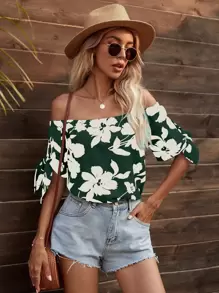 SHEIN VCAY Floral Print Knot Cuff Bardot Blouse Off The Shoulder Top - Green - View 1