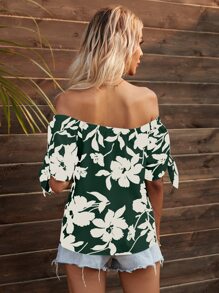 SHEIN VCAY Floral Print Knot Cuff Bardot Blouse Off The Shoulder Top - Green - View 2