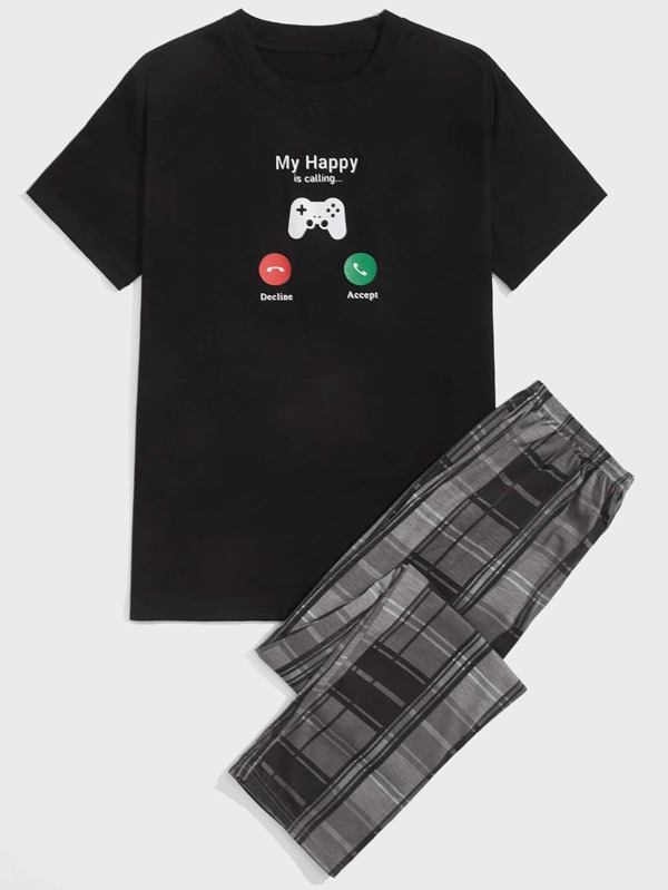 Men Gamepad & Slogan Graphic Tee & Plaid Trousers PJ Set