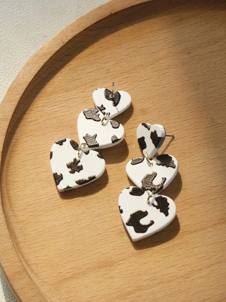 Aretes de gota en forma de corazón con estampado de vaca, regalo de San Valentín, Mamá, Madre, Día de la Madre - Blanco y Negro - Añade 2