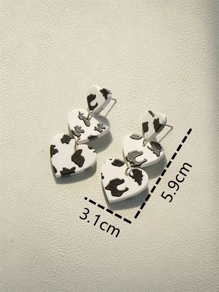 Aretes de gota en forma de corazón con estampado de vaca, regalo de San Valentín, Mamá, Madre, Día de la Madre - Blanco y Negro - Añade 4