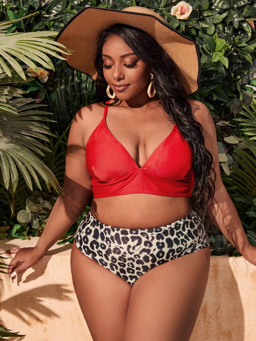 Plus Size Da Báo Thắt Lưng Cao Cấp Bikini Set Đi Biển Mùa Hè - Nhiều màu - Xem 1