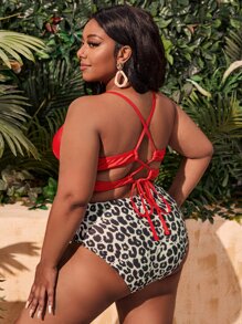 Plus Size Da Báo Thắt Lưng Cao Cấp Bikini Set Đi Biển Mùa Hè - Nhiều màu - Xem 2