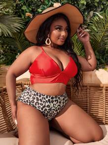 Plus Size Da Báo Thắt Lưng Cao Cấp Bikini Set Đi Biển Mùa Hè - Nhiều màu - Xem 4