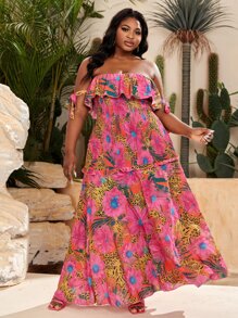 Slaydiva Plus Leopard & Floral Print Off Shoulder Shirred Ruffle Trim Dress - Multicolor - View 1
