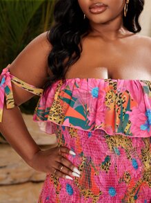 Slaydiva Plus Leopard & Floral Print Off Shoulder Shirred Ruffle Trim Dress - Multicolor - View 3